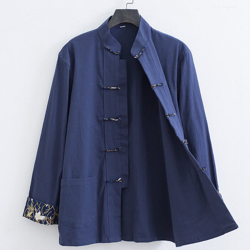 Giacca camicia con ricamo gru bianca in cotone con bottoni a rana da uomo Buddha Stones Tang Suit con tasche