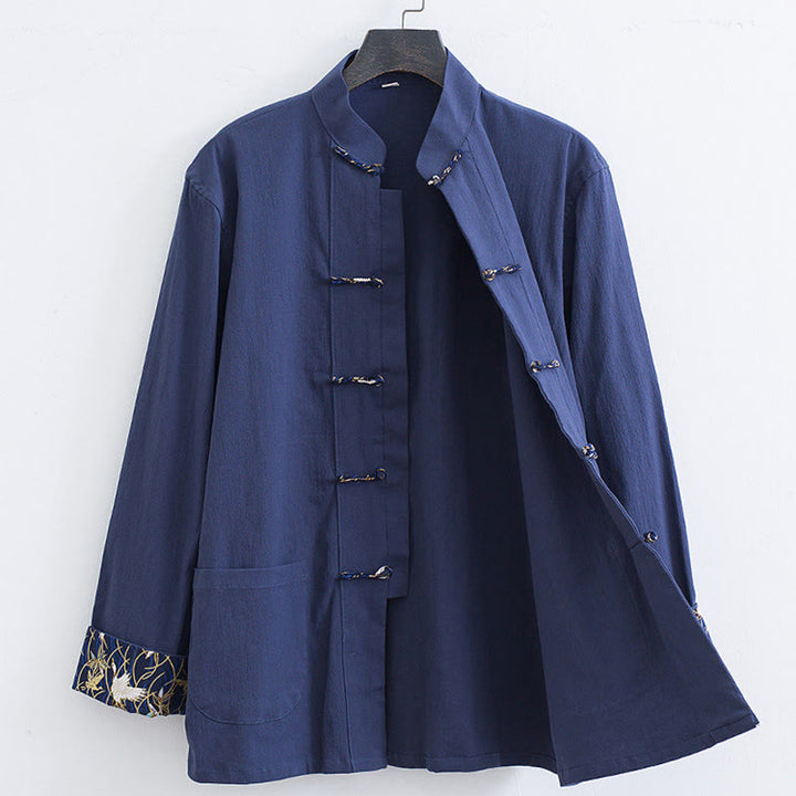 Giacca camicia con ricamo gru bianca in cotone con bottoni a rana da uomo Buddha Stones Tang Suit con tasche