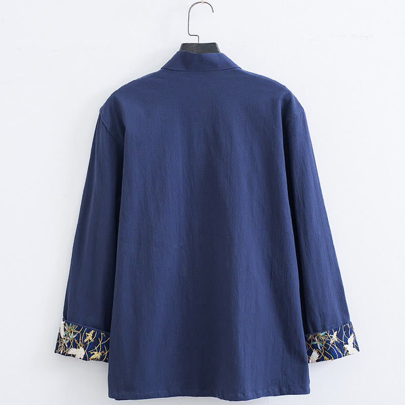 Giacca camicia con ricamo gru bianca in cotone con bottoni a rana da uomo Buddha Stones Tang Suit con tasche - image 11