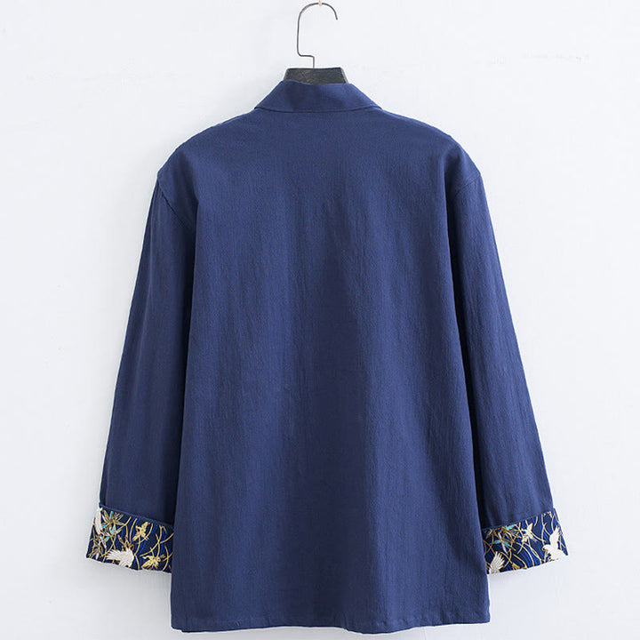 Giacca camicia con ricamo gru bianca in cotone con bottoni a rana da uomo Buddha Stones Tang Suit con tasche - image 11