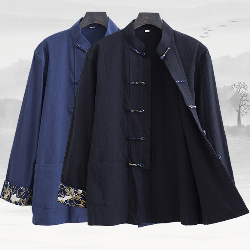 Giacca camicia con ricamo gru bianca in cotone con bottoni a rana da uomo Buddha Stones Tang Suit con tasche - image 1