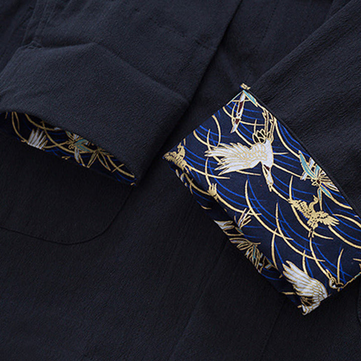 Giacca camicia con ricamo gru bianca in cotone con bottoni a rana da uomo Buddha Stones Tang Suit con tasche - image 6