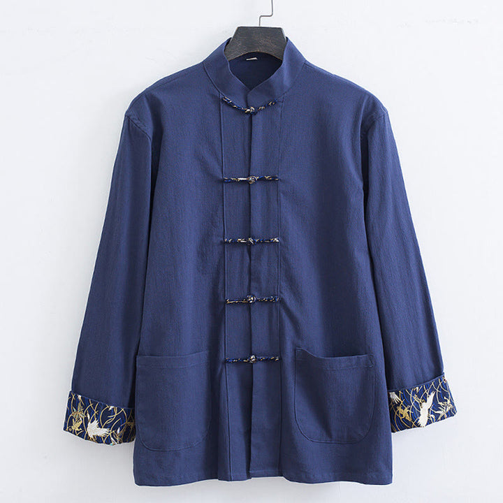 Giacca camicia con ricamo gru bianca in cotone con bottoni a rana da uomo Buddha Stones Tang Suit con tasche - SteelBlue - US/UK/AU44, EU54 (4XL) - image 9