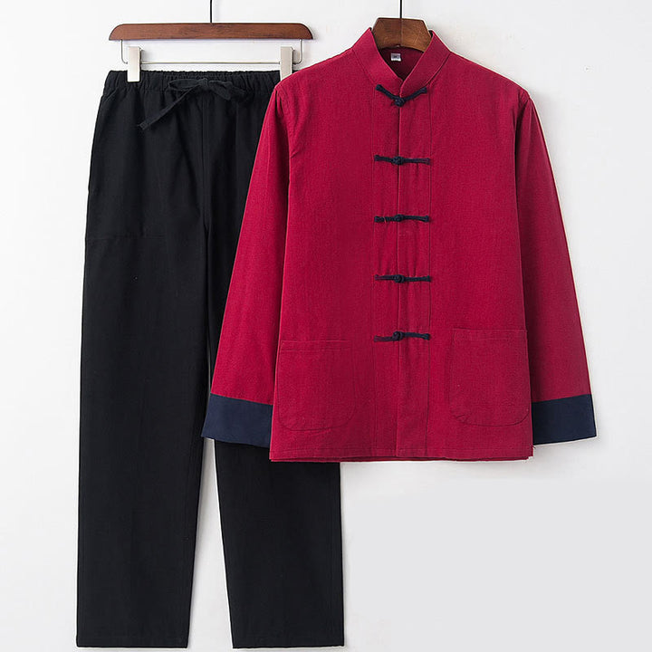 Buddha Stones 2 pezzi autunno uomo Tang Suit Frog-Bottone cotone manica lunga camicia pantaloni set
