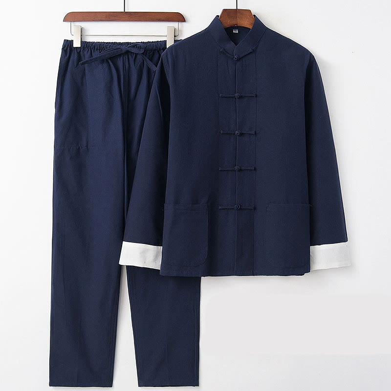 Buddha Stones 2 pezzi autunno uomo Tang Suit Frog-Bottone cotone manica lunga camicia pantaloni set - manica blu navy bianca - US/UK/AU46, EU56 (5XL) - image 1
