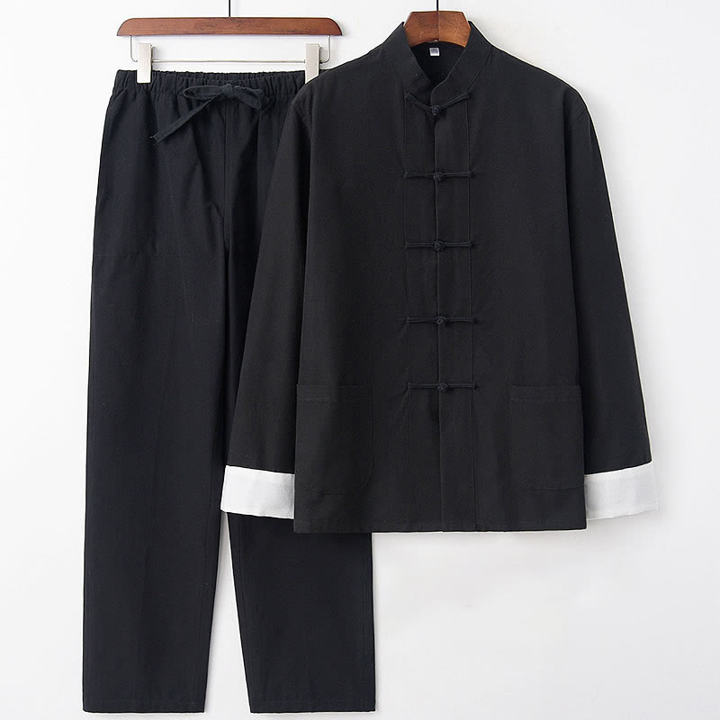 Buddha Stones 2 pezzi autunno uomo Tang Suit Frog-Bottone cotone manica lunga camicia pantaloni set - manica bianca e nera - US/UK/AU46, EU56 (5XL) - image 14