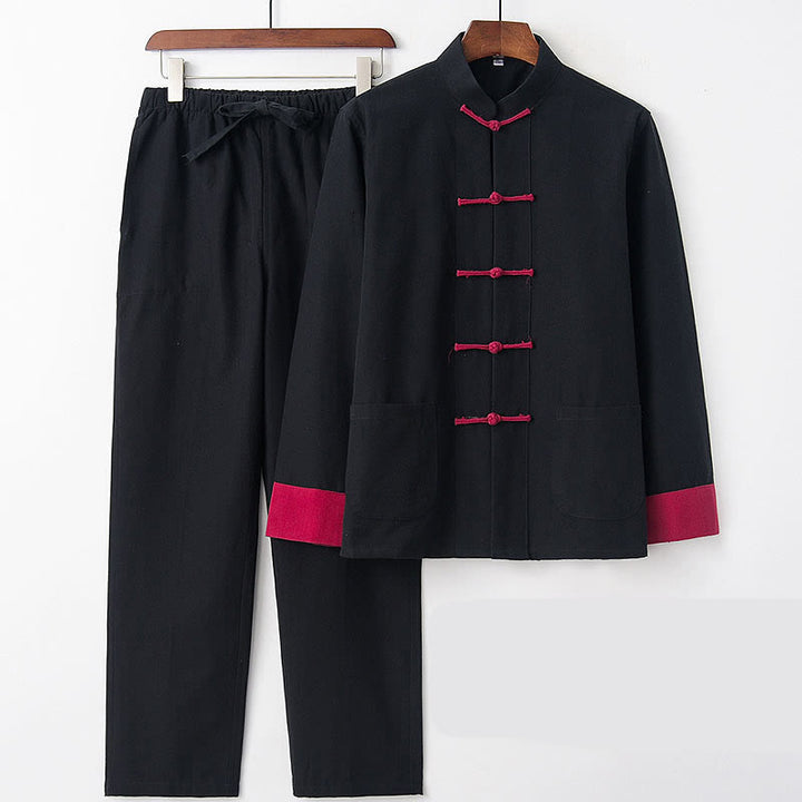 Buddha Stones 2 pezzi autunno uomo Tang Suit Frog-Bottone cotone manica lunga camicia pantaloni set - Manica nera e rossa - US/UK/AU46, EU56 (5XL) - image 15