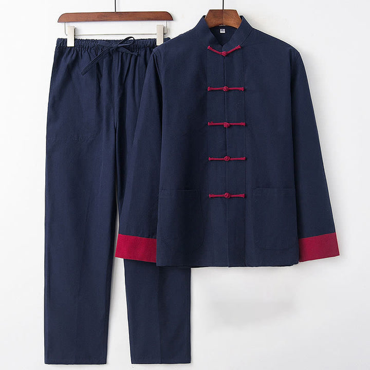 Buddha Stones 2 pezzi autunno uomo Tang Suit Frog-Bottone cotone manica lunga camicia pantaloni set - manica blu navy rossa - US/UK/AU46, EU56 (5XL) - image 0