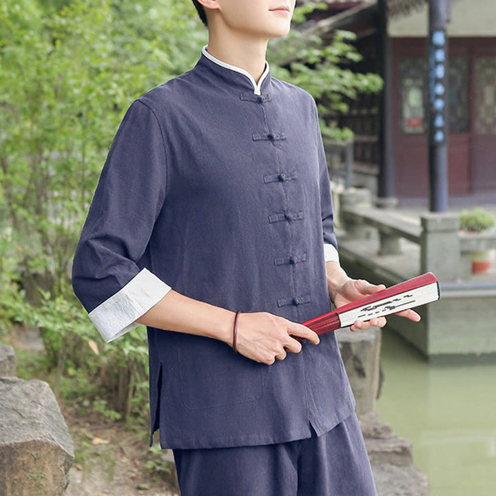 Buddha Stones 2 pezzi autunno uomo Tang Suit Frog-Bottone cotone tre quarti manica camicia pantaloni set