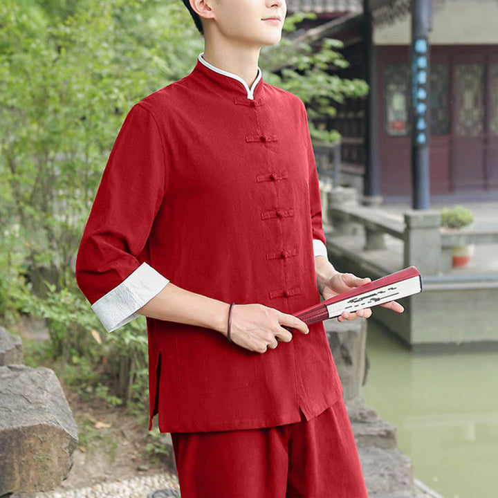 Buddha Stones 2 pezzi autunno uomo Tang Suit Frog-Bottone cotone tre quarti manica camicia pantaloni set