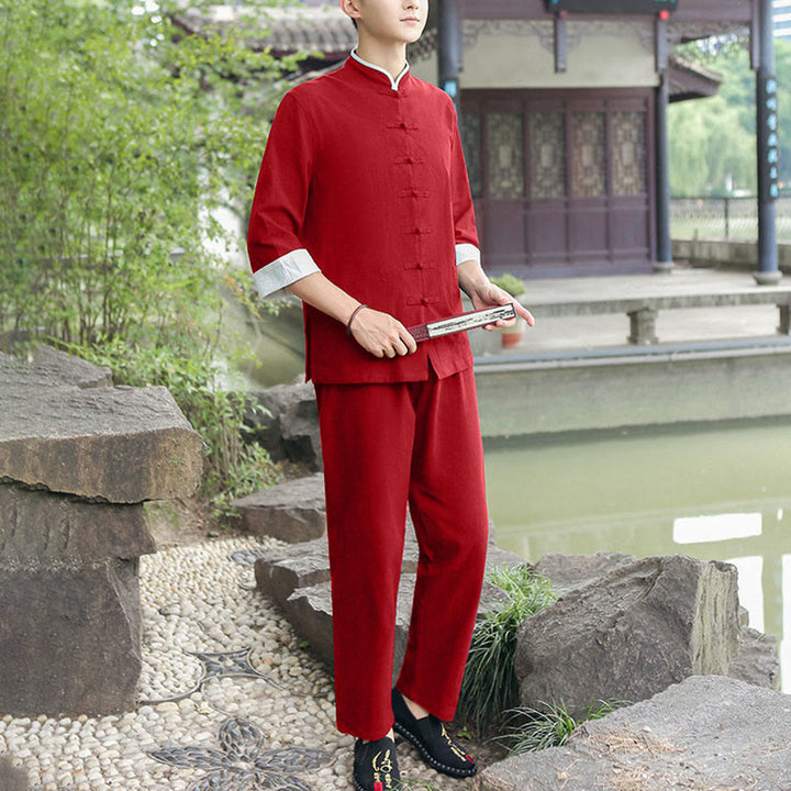 Buddha Stones 2 pezzi autunno uomo Tang Suit Frog-Bottone cotone tre quarti manica camicia pantaloni set