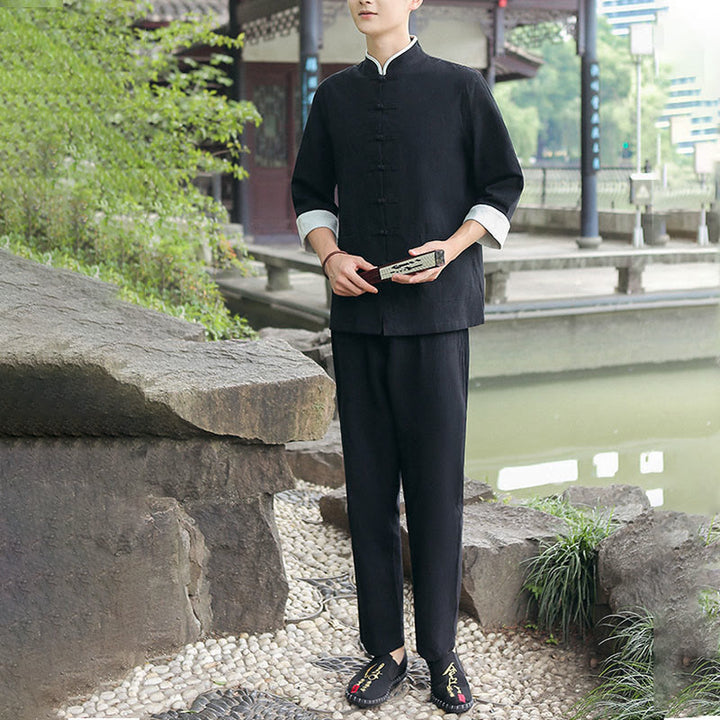 Buddha Stones 2 pezzi autunno uomo Tang Suit Frog-Bottone cotone tre quarti manica camicia pantaloni set - image 8