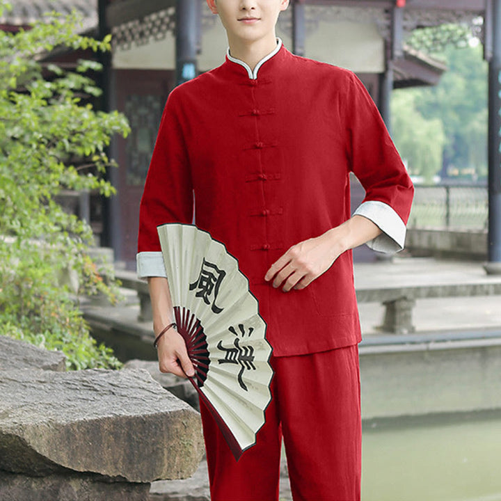 Buddha Stones 2 pezzi autunno uomo Tang Suit Frog-Bottone cotone tre quarti manica camicia pantaloni set