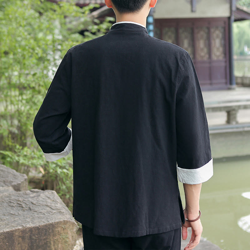 Buddha Stones 2 pezzi autunno uomo Tang Suit Frog-Bottone cotone tre quarti manica camicia pantaloni set