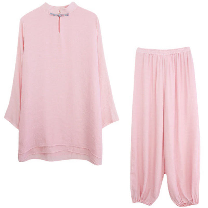 Buddha Stones 2 pezzi Solido Donna Manica Lunga Camicia Pantaloni Meditazione Abbigliamento Set