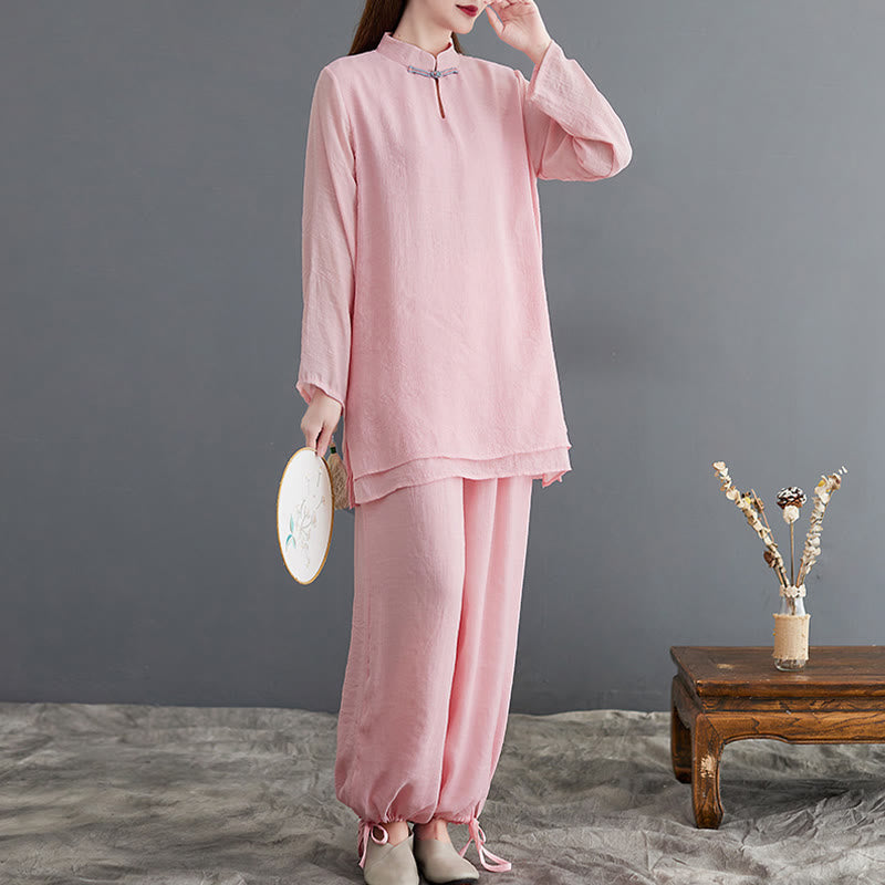 Buddha Stones 2 pezzi Solido Donna Manica Lunga Camicia Pantaloni Meditazione Abbigliamento Set