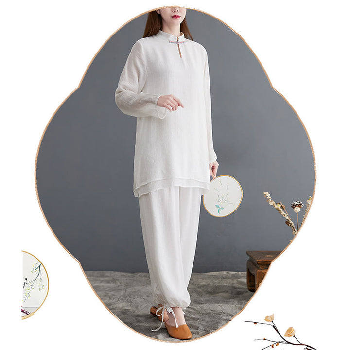 Buddha Stones 2 pezzi Solido Donna Manica Lunga Camicia Pantaloni Meditazione Abbigliamento Set