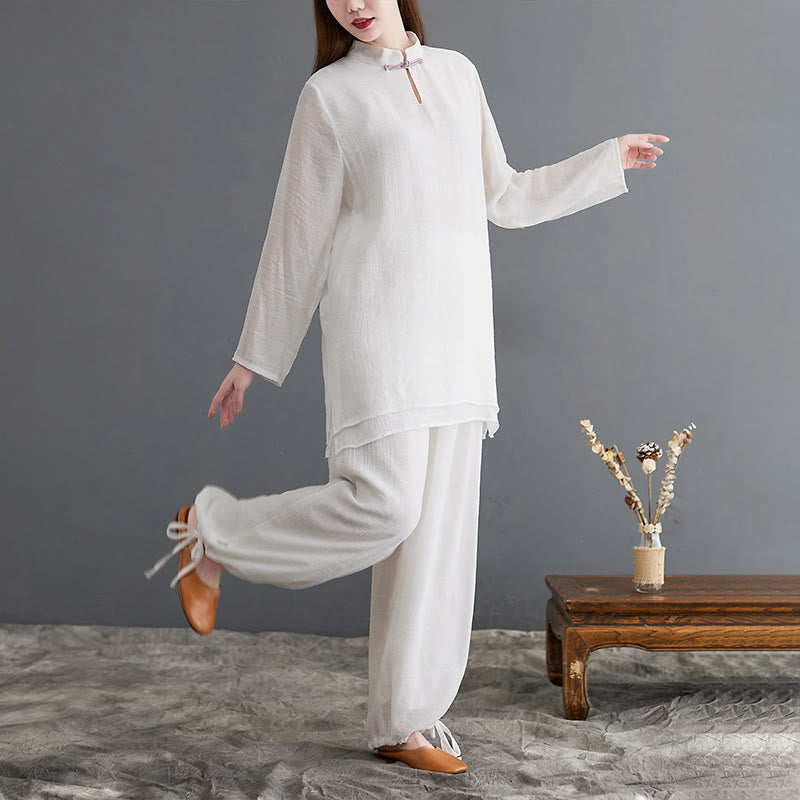 Buddha Stones 2 pezzi Solido Donna Manica Lunga Camicia Pantaloni Meditazione Abbigliamento Set