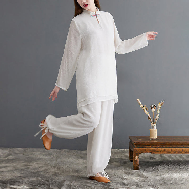Buddha Stones 2 pezzi Solido Donna Manica Lunga Camicia Pantaloni Meditazione Abbigliamento Set