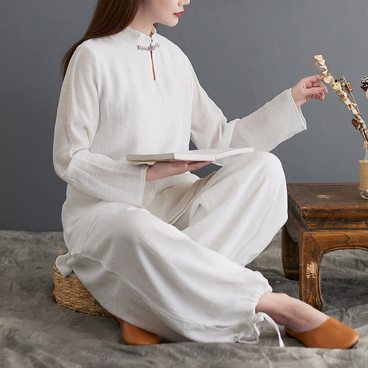 Buddha Stones 2 pezzi Solido Donna Manica Lunga Camicia Pantaloni Meditazione Abbigliamento Set