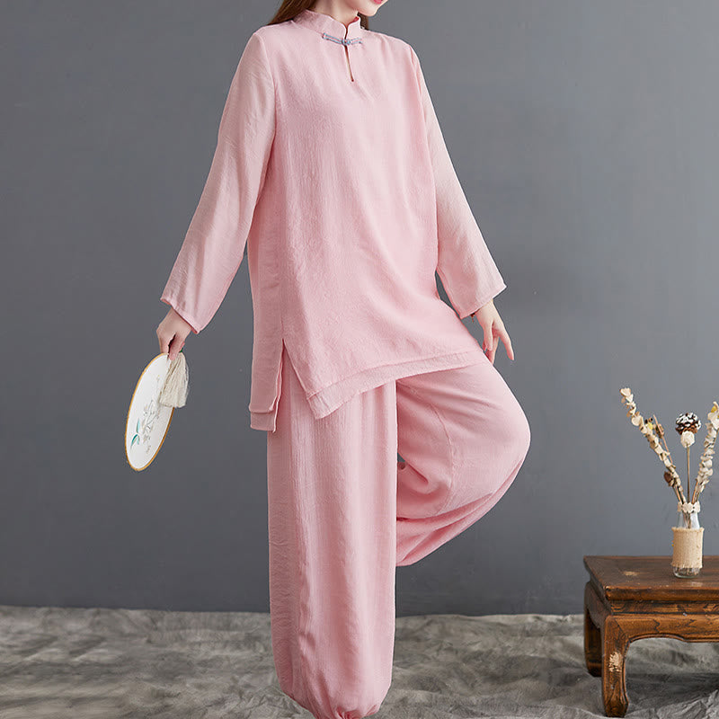 Buddha Stones 2 pezzi Solido Donna Manica Lunga Camicia Pantaloni Meditazione Abbigliamento Set