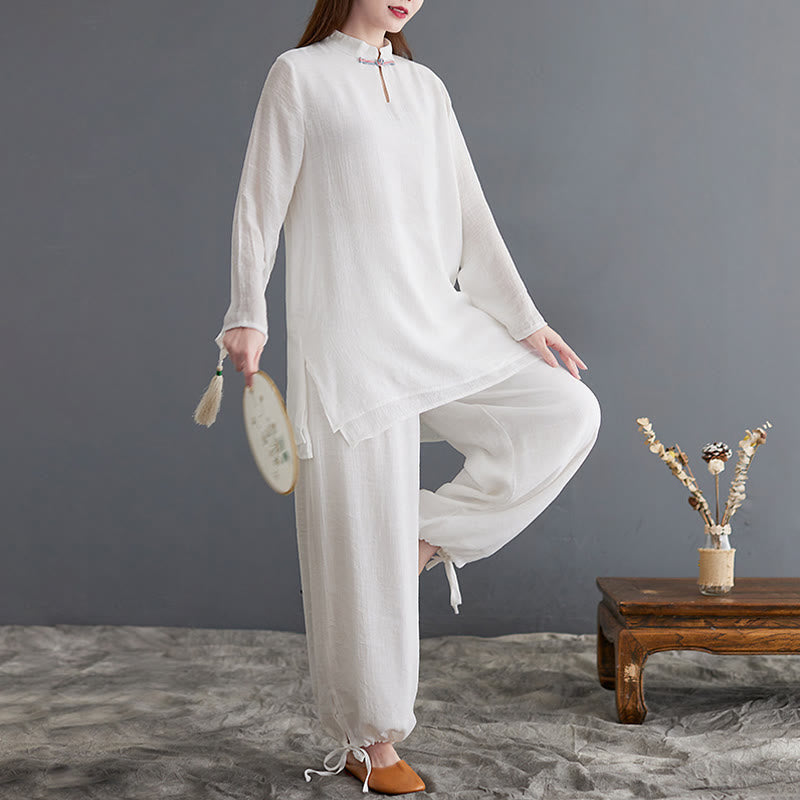 Buddha Stones 2 pezzi Solido Donna Manica Lunga Camicia Pantaloni Meditazione Abbigliamento Set