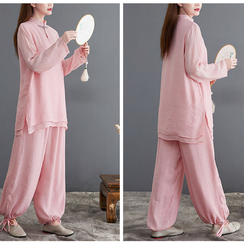Buddha Stones 2 pezzi Solido Donna Manica Lunga Camicia Pantaloni Meditazione Abbigliamento Set