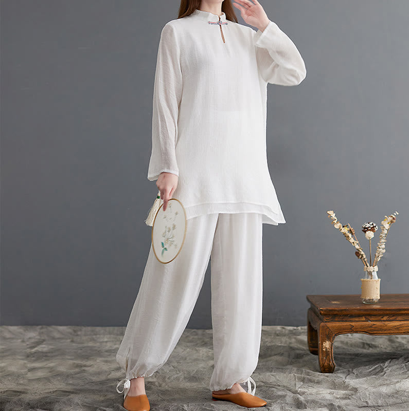Buddha Stones 2 pezzi Solido Donna Manica Lunga Camicia Pantaloni Meditazione Abbigliamento Set