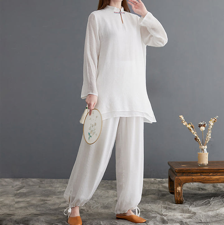 Buddha Stones 2 pezzi Solido Donna Manica Lunga Camicia Pantaloni Meditazione Abbigliamento Set