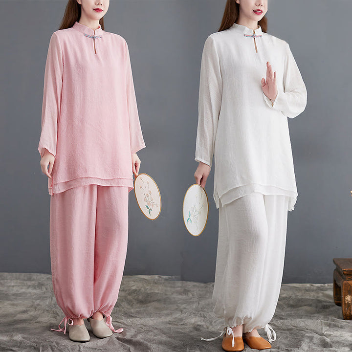 Buddha Stones 2 pezzi Solido Donna Manica Lunga Camicia Pantaloni Meditazione Abbigliamento Set