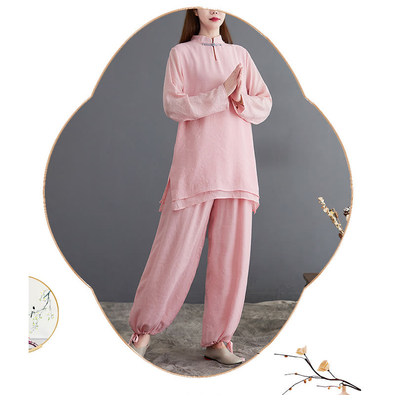 Buddha Stones 2 pezzi Solido Donna Manica Lunga Camicia Pantaloni Meditazione Abbigliamento Set