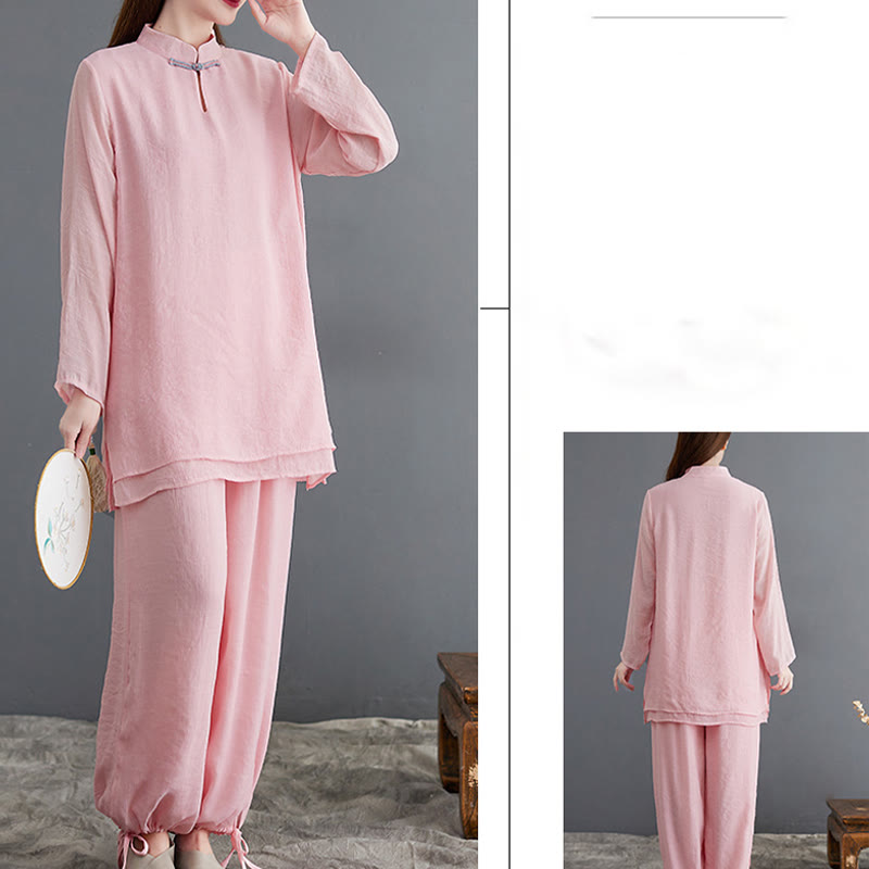 Buddha Stones 2 pezzi Solido Donna Manica Lunga Camicia Pantaloni Meditazione Abbigliamento Set