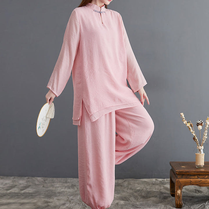 Buddha Stones 2 pezzi Solido Donna Manica Lunga Camicia Pantaloni Meditazione Abbigliamento Set - image 2