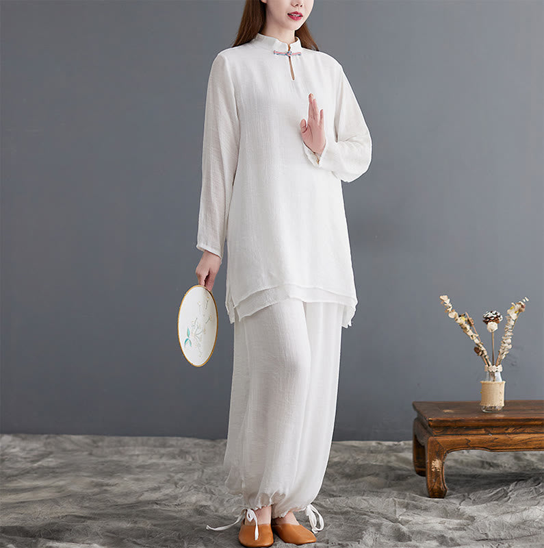 Buddha Stones 2 pezzi Solido Donna Manica Lunga Camicia Pantaloni Meditazione Abbigliamento Set