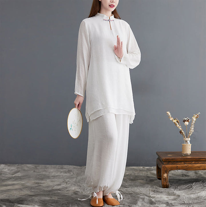 Buddha Stones 2 pezzi Solido Donna Manica Lunga Camicia Pantaloni Meditazione Abbigliamento Set