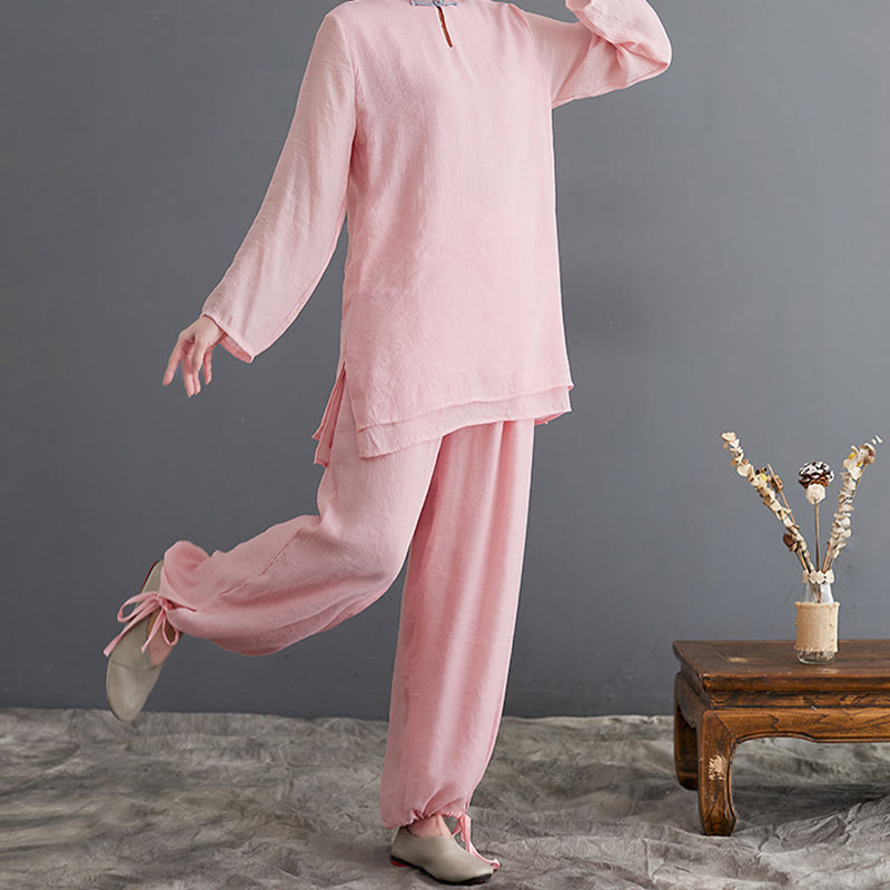 Buddha Stones 2 pezzi Solido Donna Manica Lunga Camicia Pantaloni Meditazione Abbigliamento Set