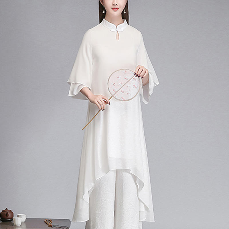 Buddha Stones Solido Donna Tre Quarti Manica Chiffon Irregolare Camicia Vestito Pantaloni Gamba Larga Meditazione Abbigliamento