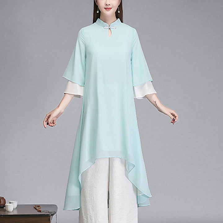 Buddha Stones Solido Donna Tre Quarti Manica Chiffon Irregolare Camicia Vestito Pantaloni Gamba Larga Meditazione Abbigliamento