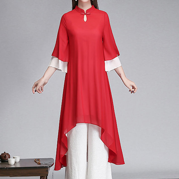 Buddha Stones Solido Donna Tre Quarti Manica Chiffon Irregolare Camicia Vestito Pantaloni Gamba Larga Meditazione Abbigliamento