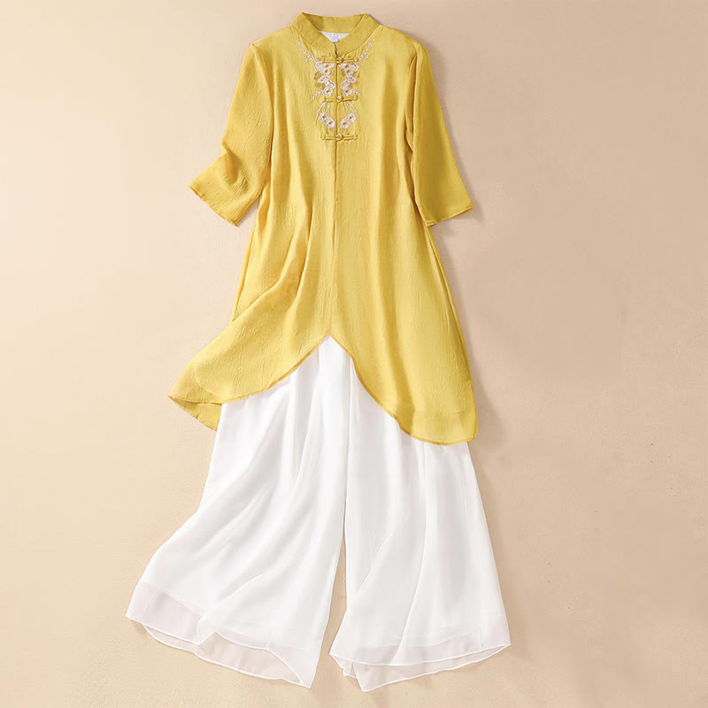 Buddha Stones Donna Fiore Ricamato Rana-Bottone Camicia Vestito Pantaloni Gamba Larga - image 0