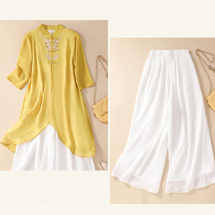 Buddha Stones Donna Fiore Ricamato Rana-Bottone Camicia Vestito Pantaloni Gamba Larga - image 14