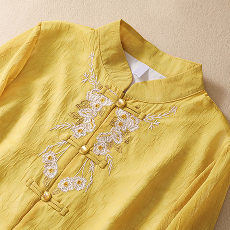 Buddha Stones Donna Fiore Ricamato Rana-Bottone Camicia Vestito Pantaloni Gamba Larga - Camicia gialla - US8-10, UK/AU12-14, EU40-42 (2XL) - image 1