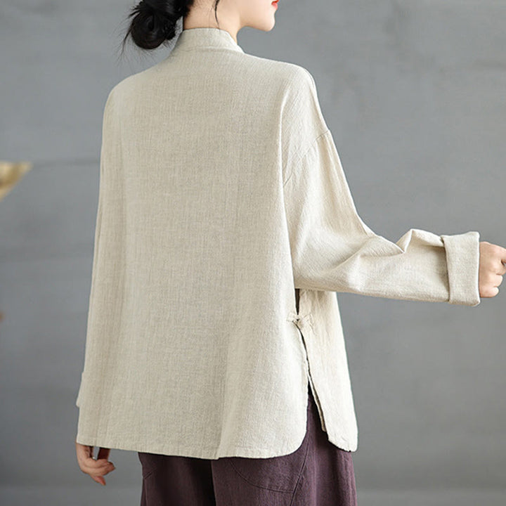 Camicia da donna a maniche lunghe con bottoni a rana e tinta unita Buddha Stones - image 4