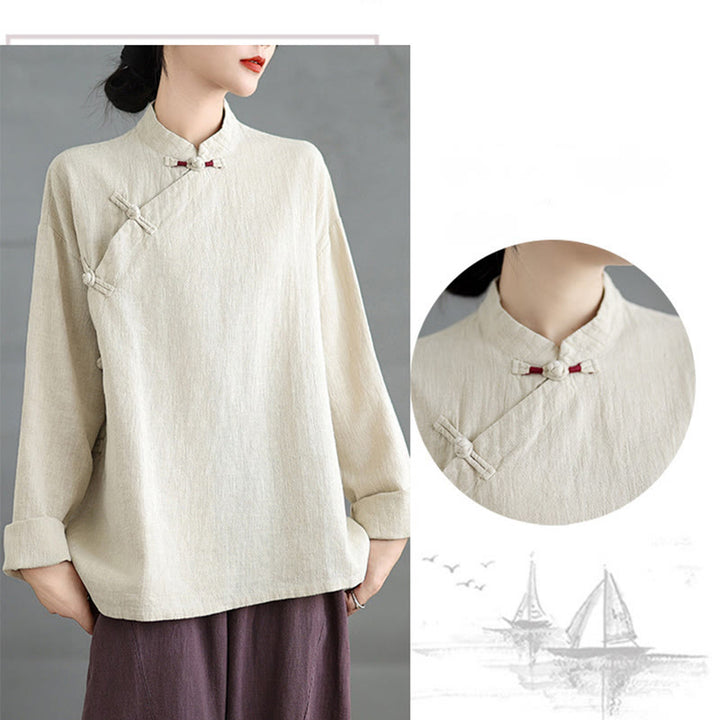 Camicia da donna a maniche lunghe con bottoni a rana e tinta unita Buddha Stones - image 6