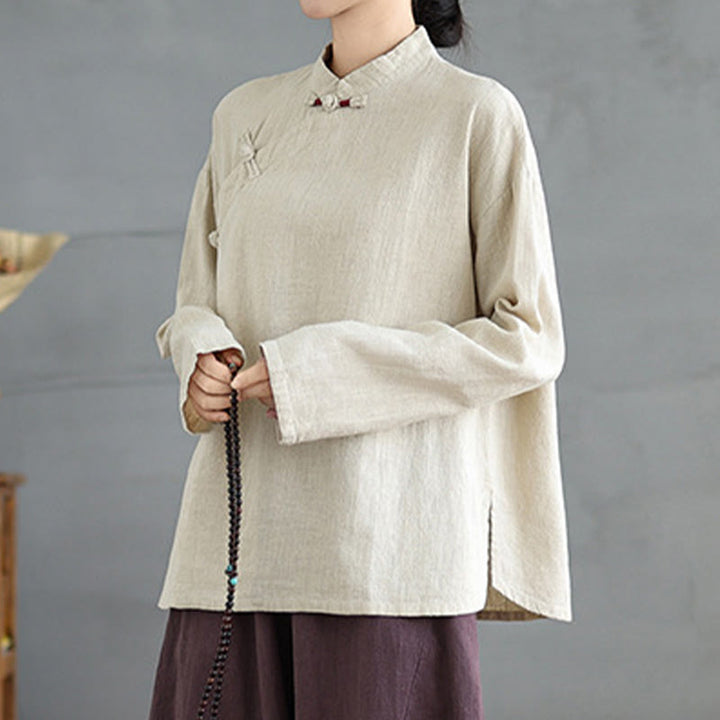 Camicia da donna a maniche lunghe con bottoni a rana e tinta unita Buddha Stones - image 5