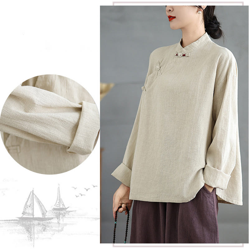 Camicia da donna a maniche lunghe con bottoni a rana e tinta unita Buddha Stones - image 8