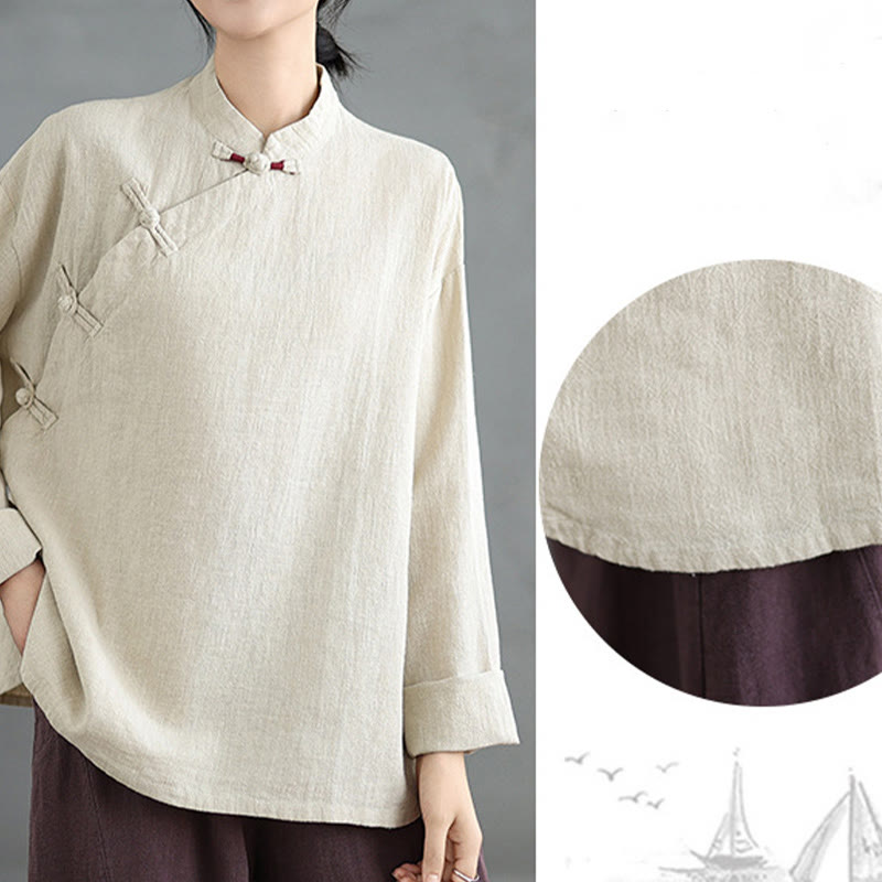 Camicia da donna a maniche lunghe con bottoni a rana e tinta unita Buddha Stones - image 7