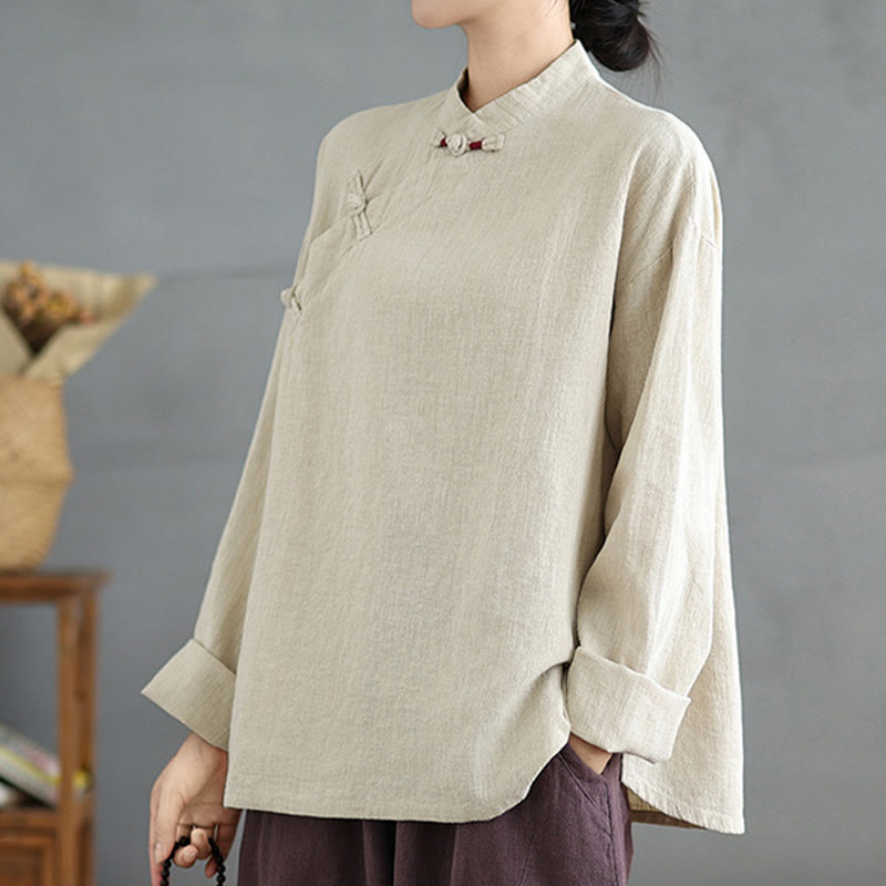 Camicia da donna a maniche lunghe con bottoni a rana e tinta unita Buddha Stones - image 3