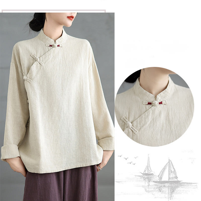 Camicia da donna a maniche lunghe con bottoni a rana e tinta unita Buddha Stones - image 6