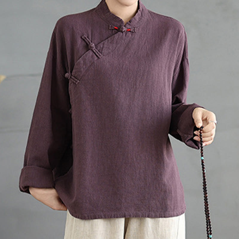 Camicia da donna a maniche lunghe con bottoni a rana e tinta unita Buddha Stones - image 13